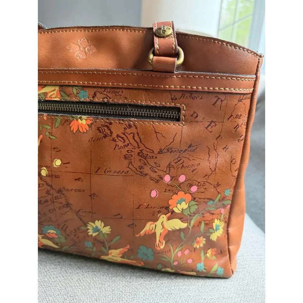 Patricia Nash Poppy Leather Boho Tote Shoulder Bag Floral Bird Map Print Tan